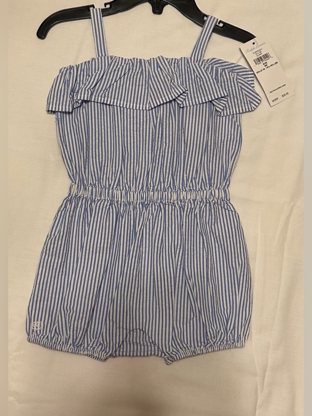 NWT Ralph Lauren Girls Blue & White Seersucker Stripe Ruffle Romper 6 Month